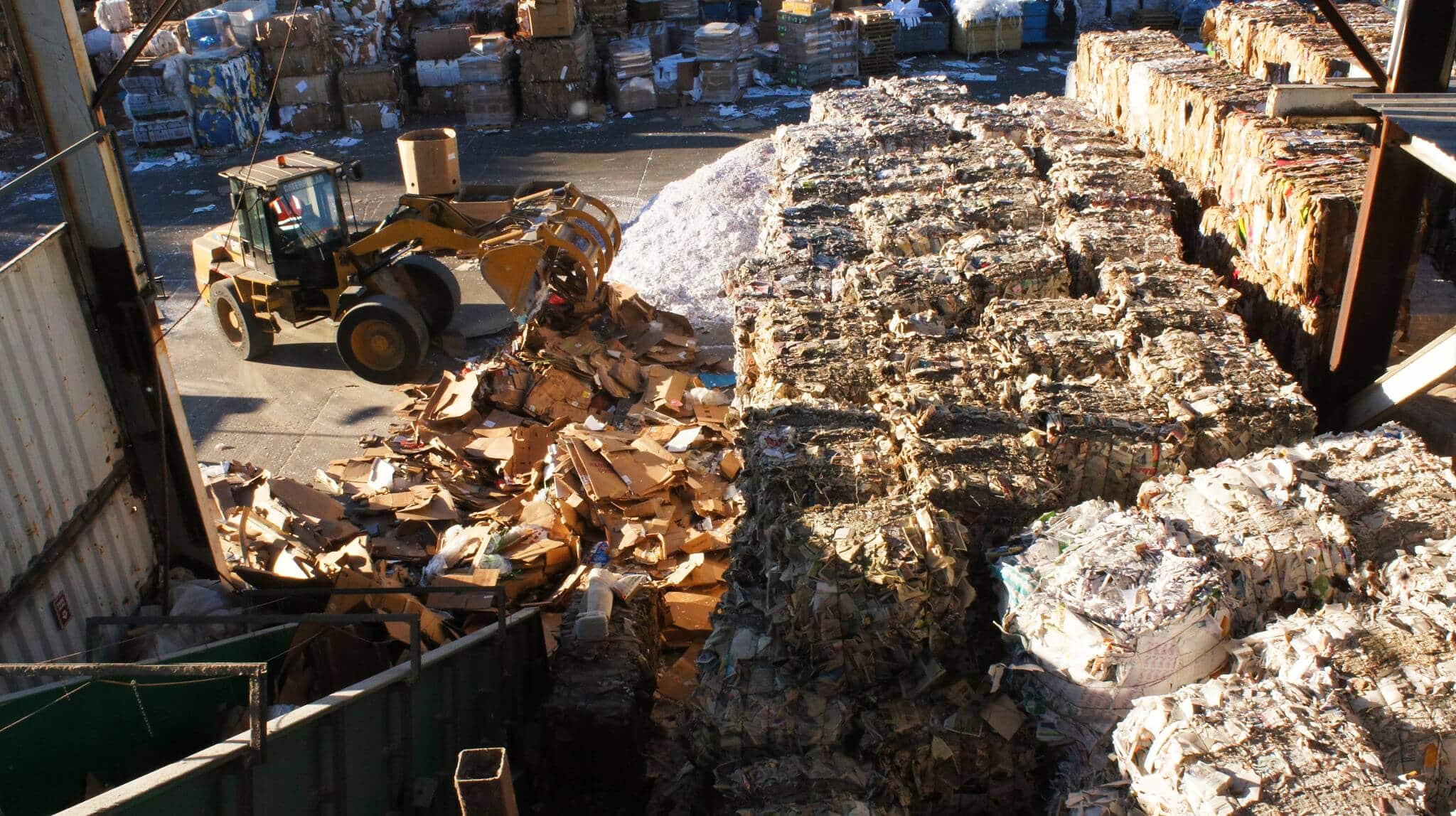 Bales of cardboard at recycling facility