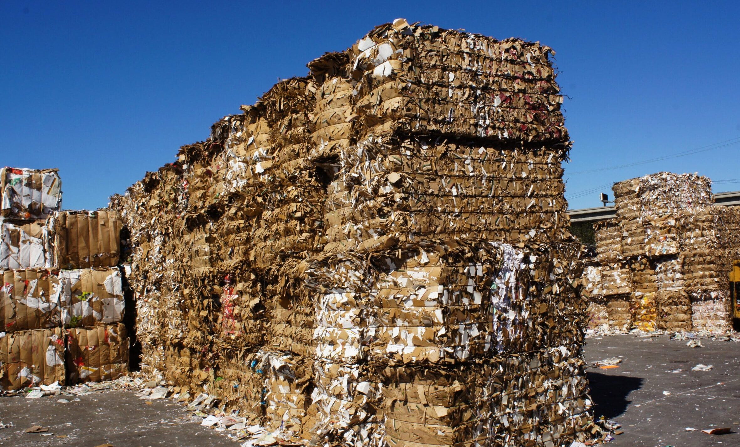 Baled cardboard at industrial recycling facility