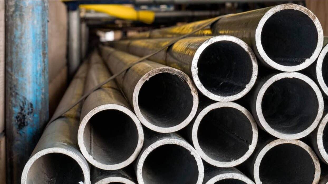 steel pipes at metal recycling facility