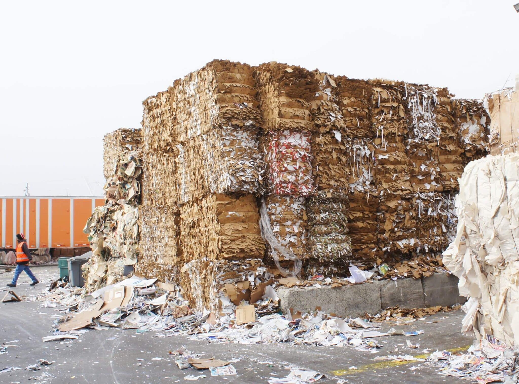 baled cardboard at cardboard and paper recycling facility